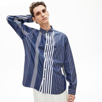 Lacoste Variegated-Stripe Relaxed Cotton Shirt Pánské - Šortky Tmavě Blankyt Blankyt / Bílé | CZ-uzK